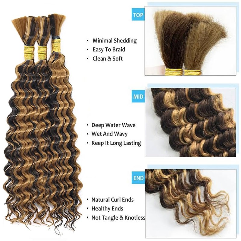 P4/27 Blonde Human Braiding Hair Deep Wave Bulk 20 20 20 Inch Unprocessed Brazilian Virgin Hair Highlight Brown Deep Curly Braiding Hair Extensions 3 Bundle 50 Gram Per Bundle