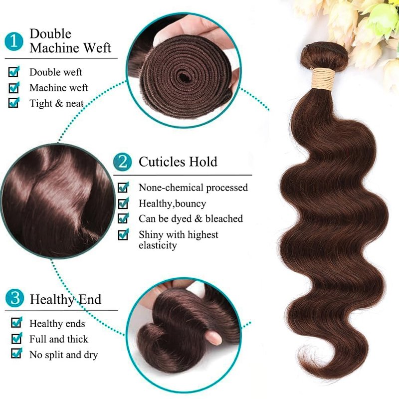 ALLRUN 18 Inch Brown Human Hair Bundle Body Wave 1 Pc - 100% Unprocessed Brazilian Virgin Hair Extensions Chocolate Brown Bundles Human Hair 4# Color (12A)
