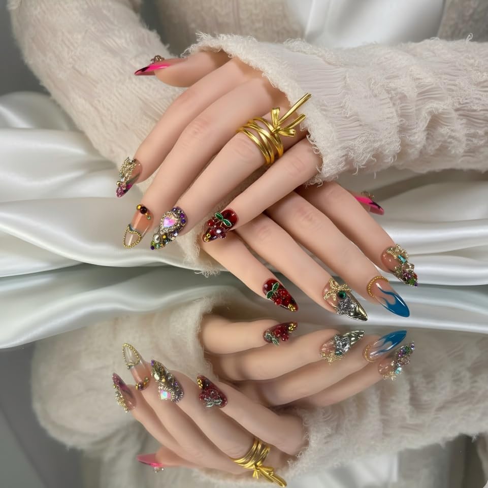 Handmade Almond Press-On Nails | 3D Heart, Star & Flame Charms - Pink Design for Women