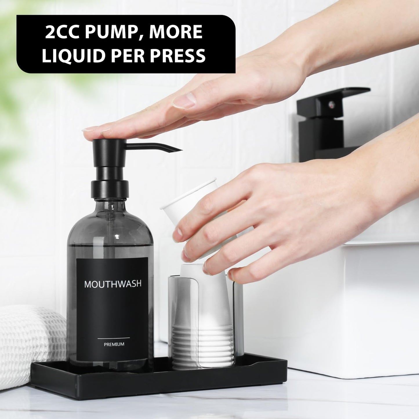 TOLDATLI Mouthwash Dispenser for Bathroom, Glass Mouth Wash Pump Dispenser with Cup Holder, 17 Fl Oz Mouthwash Bottle Decanter with Tray, Refillable Mouthwash Dispenser Container (Clear Black)