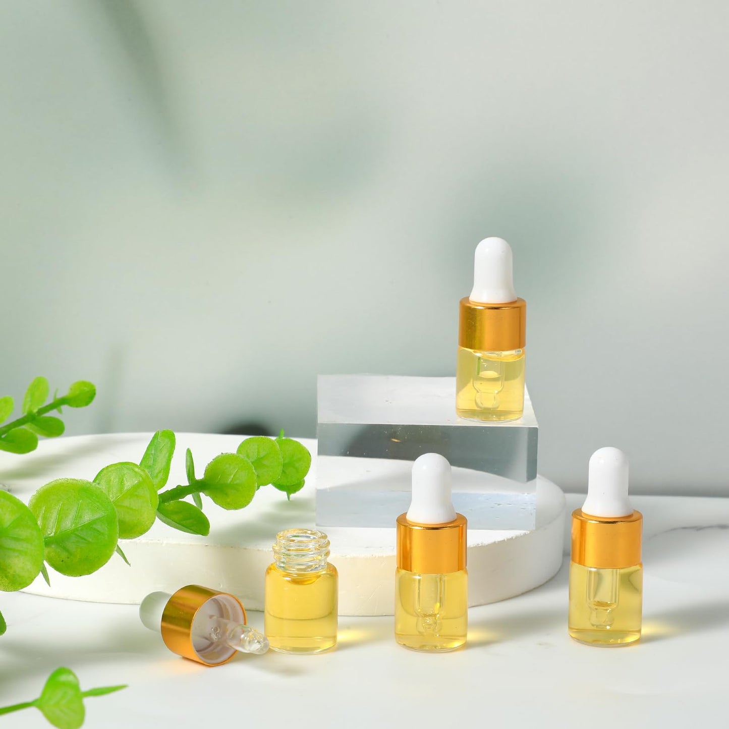 wutfuooo 100 Pcs Mini Glass Oil Dropper Bottle Bulk, 2 ml Gold Clear Essential Small Empty Bottles Sample Containers Perfume Liquid Vials with Cap for Traveling