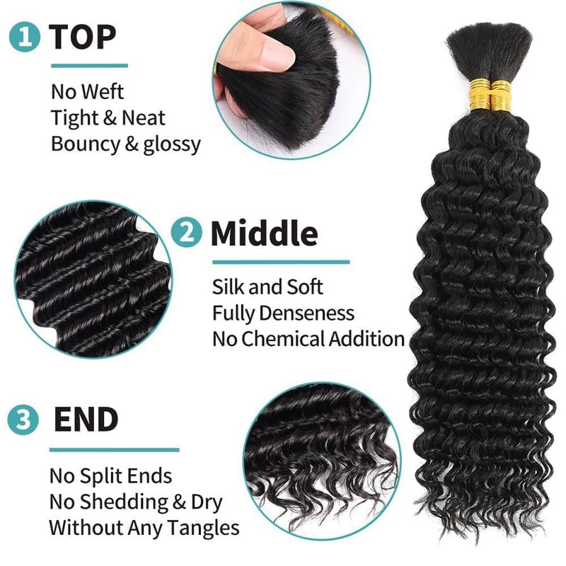 Bangxunk Human Braiding Hair 2 Bundles/Pack 100g Deep Wave Human Bulk Hair for Braiding No Weft 10A Brazilian Virgin Human braiding Hair for Boho Braids Extensions (Natural Color, 16 inch)