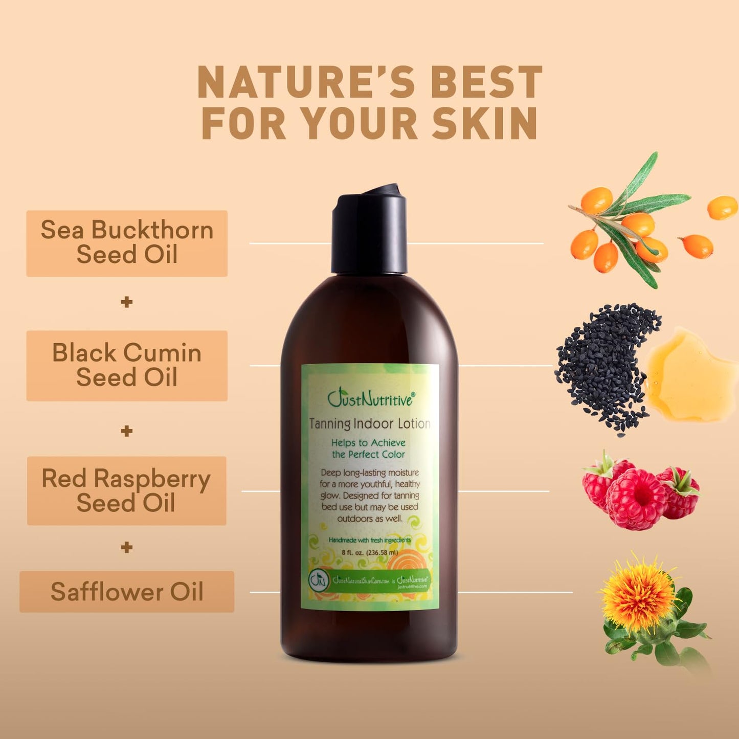 Just Nutritive Indoor Tanning Oil | Natural Tanning Bed Accelerator for Fast, Dark, Long-Lasting Tan | Moisturizing Body Oil with Vitamin E & Botanical Extracts | 8 Fl Oz