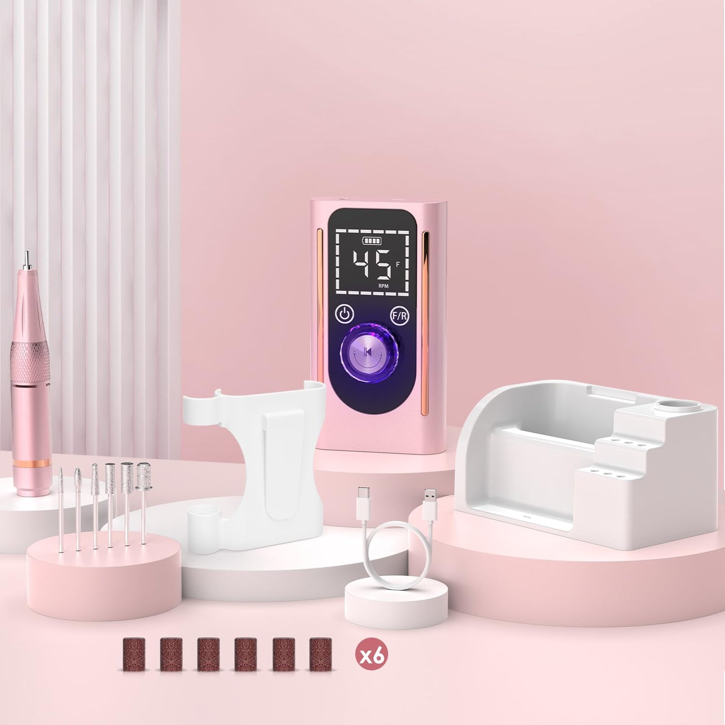 ANBEISTEE Electric Nail Drill 45000 RPM, Professional Rechargeable Nail File Kit, Portable Nail Drill Machine, Acrylic Nail Kit, Touch Screen Control, for Any Manicure, Pedicure, Pink