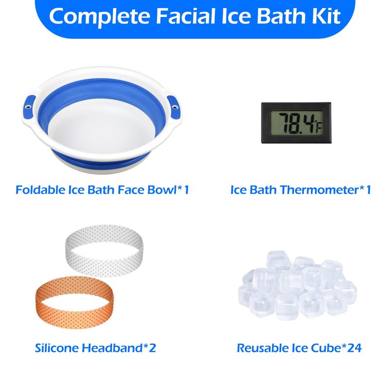 Facial Ice Bath Kit - Foldable Ice Bowl with Reusable Cubes for Cold Plunge (Blue)