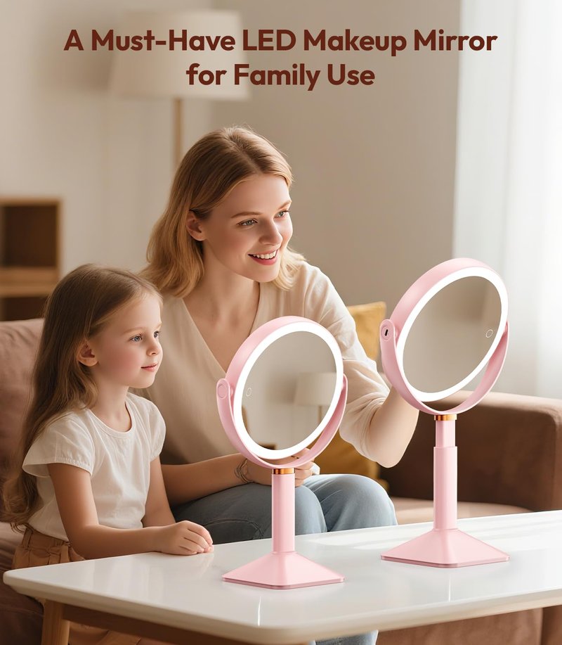 Glowtop Lighted Makeup Mirror with Lights and Magnification 30X/1X, Height Adjustable 30X Magnifying Vanity Mirror with 4000mAh Battery & 3 Colors Dimming Light for Desktop Bathroom Bedroom (Pink)