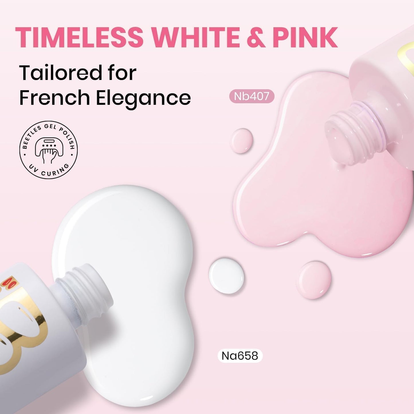 Beetles French Tip Gel Polish - Blush Moonlight, 2 Colors HEMA-Free Summer White Pink Gel Nail Polish Set 15ML with Styles Stickers, Same Color Bottle, Soak Off UV LED Nails