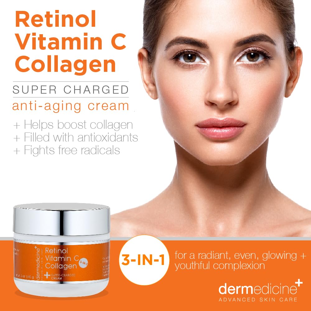 Vitamin C + Retinol + Collagen | Super Charged Anti-Aging Cream for Face | Pharmaceutical Grade Quality | Helps Smooth & Plump Fine Lines & Wrinkles & Brightens for Younger Skin (2 oz)