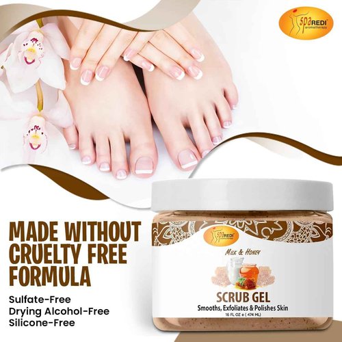 SPA REDI – Exfoliating Scrub Pumice Gel, Milk and Honey, 16 Oz - Manicure, Pedicure and Body Exfoliator Infused with Hyaluronic Acid, Amino Acids, Panthenol and Comfrey Extract