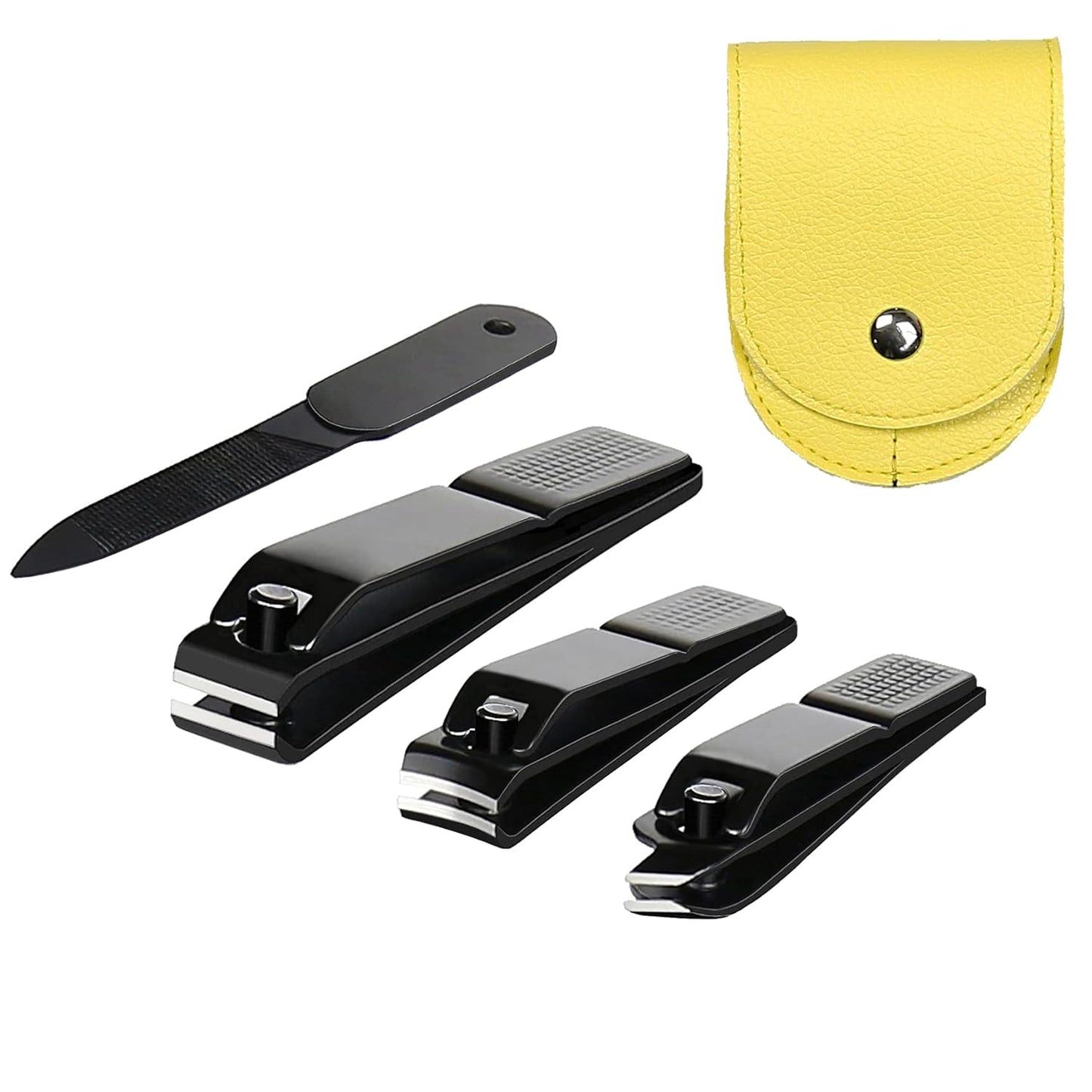 Nail Clippers Set - Ultra Sharp Stainless Steel Fingernail & Toenail Cutters with Leather Travel Pouch | 4 Pieces, Black & Yellow