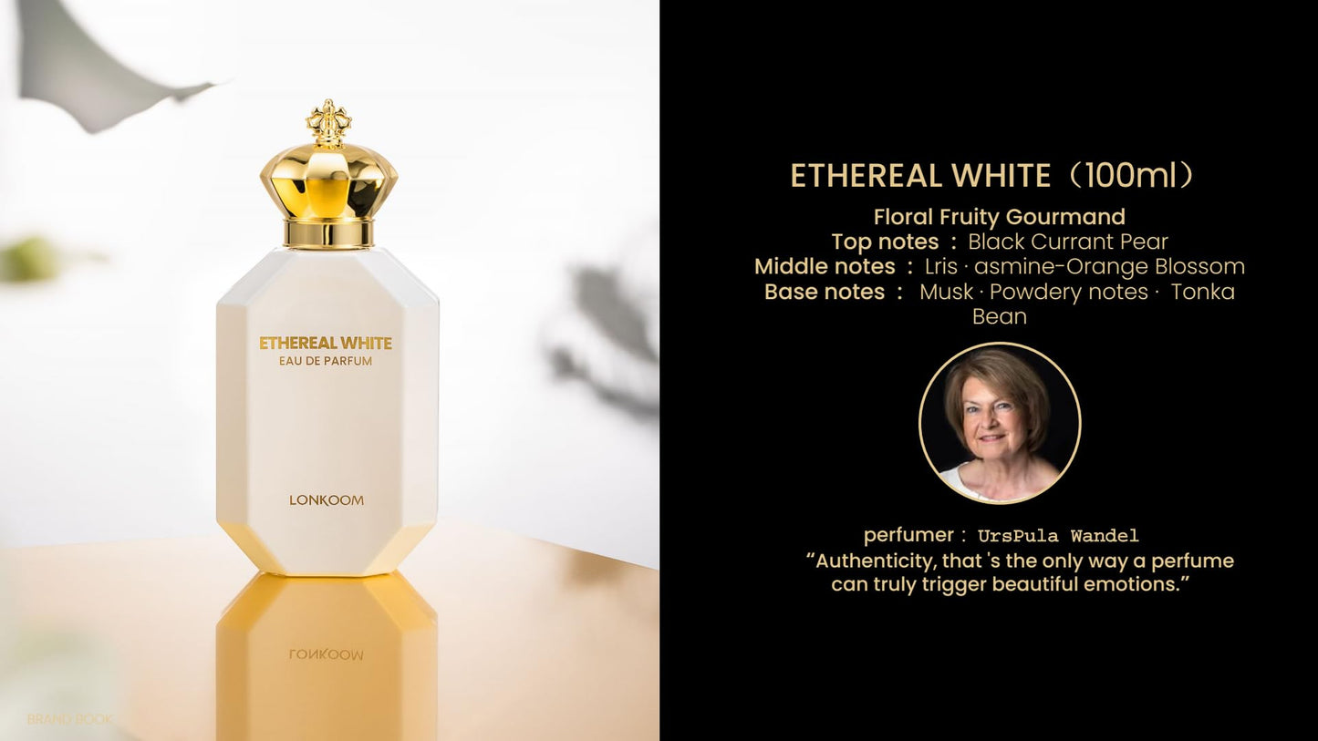 Lonkoom Ethereal White Perfume for Women, 3.4 Fl Oz/100ml Eau de Parfum Spray Long-Lasting Fragrance, Floral Fruity Gourmand Notes of Black Currant Pear Lris Jasmine Orange Blossom Praline, Vanilla