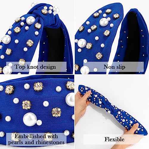 Knotted Headbands with Pearl Rhinestone Royal Blue Womens Headbands Wide Top Knot Headbands Beaded Headband Crystal Jeweled Head Bands for Women's Hair Embellished Headbands Non Slip Sparkly Hair Bands Fashion Hair Accessories for Girls Gifts