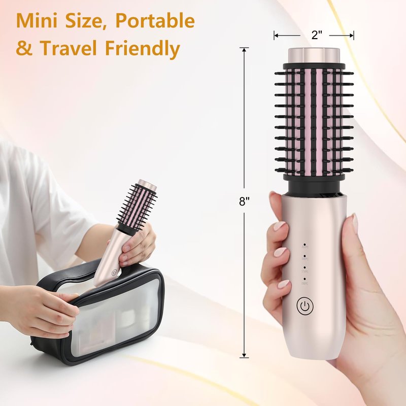 JAMIEWIN Cordless Hair Curling Iron Brush, Travel Hot Straightener Comb Curl Brush, 3-in-1 Portable Curling Iron Cordless Wand, USB Rechargeable Curling Wand-Blush(Gold)