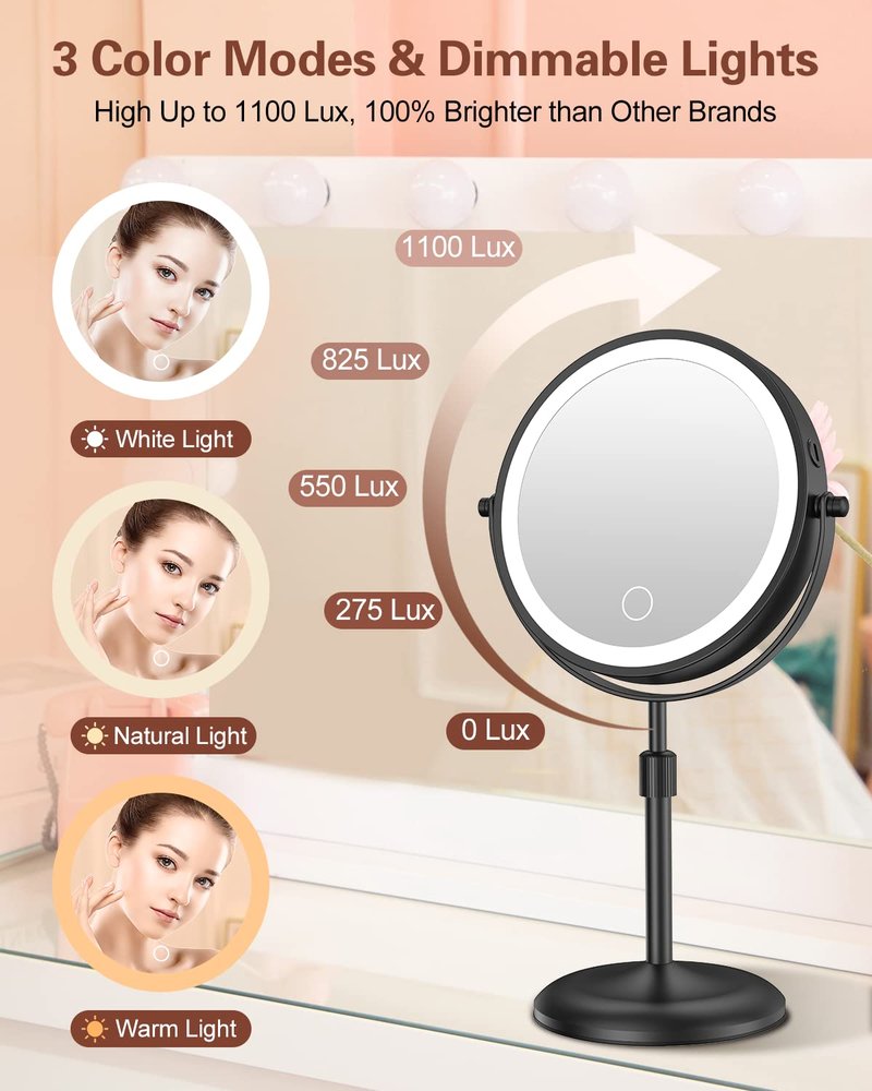 Benbilry 7" Lighted Makeup Mirror with 10X Magnification & 3 Color Lights, Adjustable Brightness & Height, 360° Swivel Rechargeable LED Magnifying Make Up Vanity Mirror with Lighting (Black)