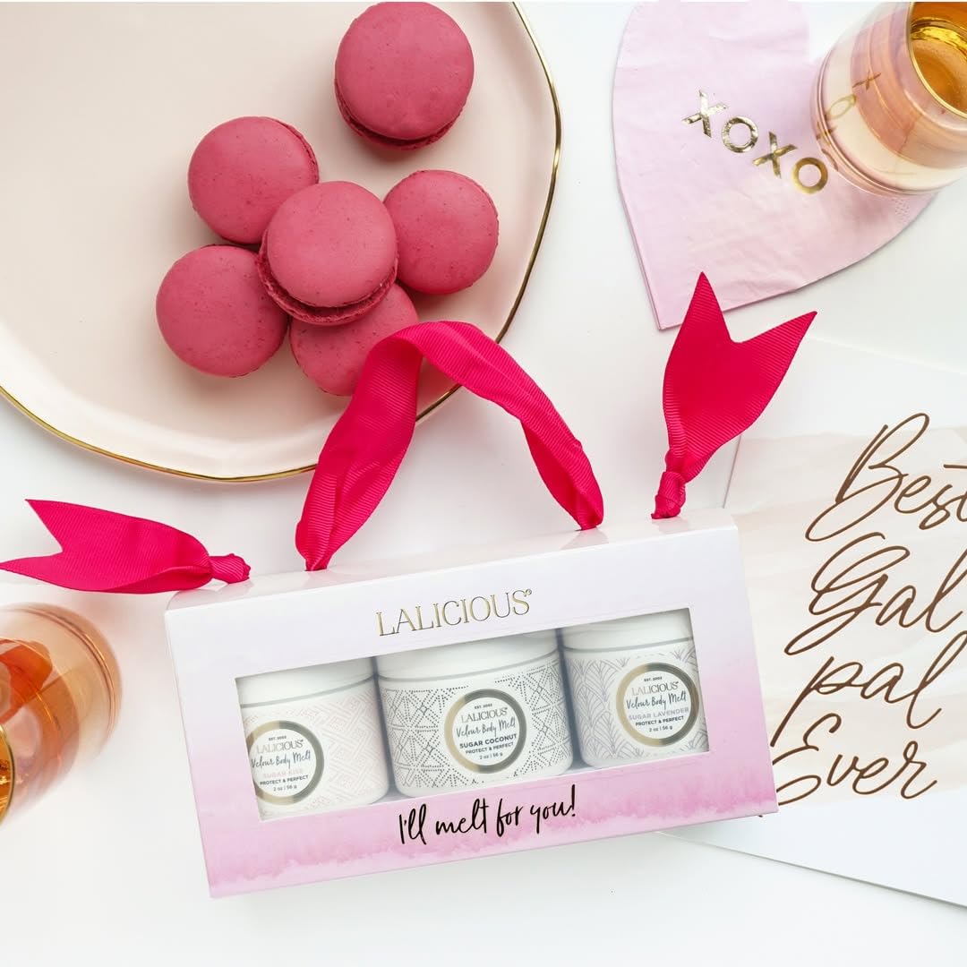 LALICIOUS Velour Body Melt Gift Set - 3-Piece Balm-to-Oil Body Moisturizer Skin Care Kit with Vitamin E & Macadamia Nut Seed Oil - Shave Balm, Hand & Foot Mask, Hair & Scalp Mask & More (3 Piece Kit)