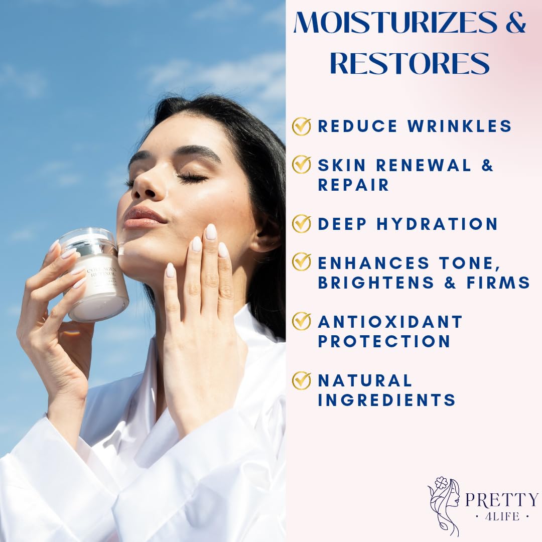 Pretty 4 Life Advanced Anti-Aging Cream - Collagen, Retinol, Hyaluronic Acid & Vitamin C - Moisturizer for Face, Neck & Décolleté - Firms, Hydrates & Reduces Wrinkles - Day/Night Formula - 1.7 oz
