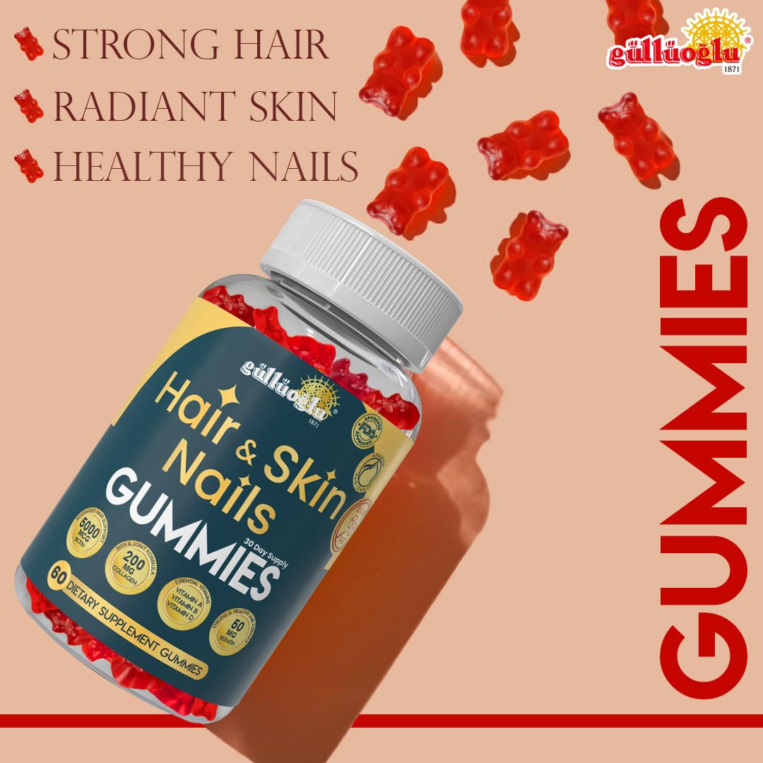 GÜLLÜOGLU Hair, Skin & Nails Gummies Sugar-Free – Biotin 5000 mcg, Collagen 200 mg & Keratin 50 mg –Vitamins A, C, D, E – Gluten-Free, Non-GMO, for Men and Women 60 Strawberry Flavor Gummies