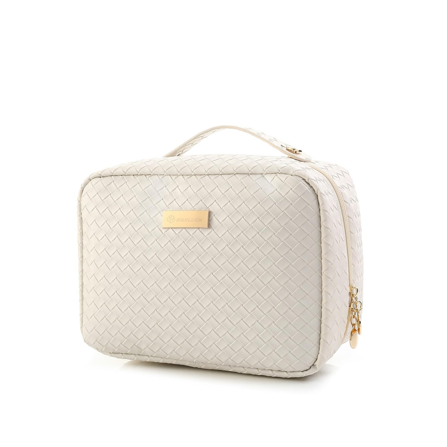BAKLUCK Travel Makeup Bag Large Capacity Cosmetic Bags with Clear Double Sided, Checkered Makeup Bag with Makeup Brush Compartments, PU Waterproof Leather Makeup Organizer Bag for Women, Beige