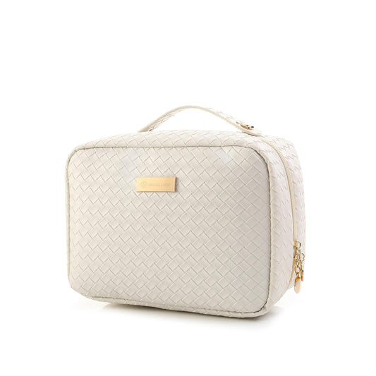 BAKLUCK Travel Makeup Bag Large Capacity Cosmetic Bags with Clear Double Sided, Checkered Makeup Bag with Makeup Brush Compartments, PU Waterproof Leather Makeup Organizer Bag for Women, Beige