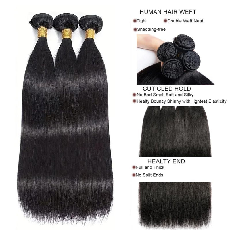 Straight Bundles Human Hair 34 34 34 Inch Natural Black Straight Human Hair Bundles Brazilian Virgin Remy Hair Extensions Soft And Healthy Double Weft Bundle Deals