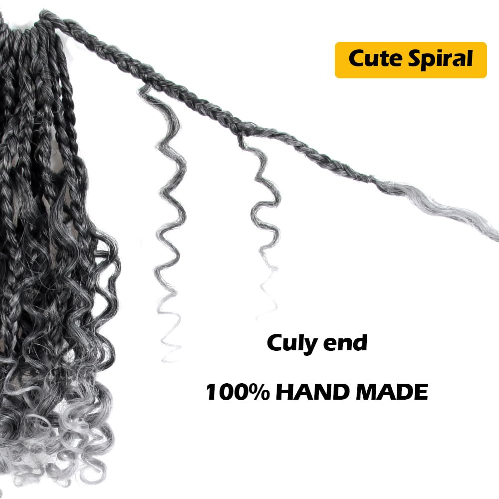 CISINPO 9 Packs Goddess Box Braids Crochet Hair 8 Inch Boho Box Braids with Curly Ends Synthetic Hair Extensions, TGrey/Ombre Gray