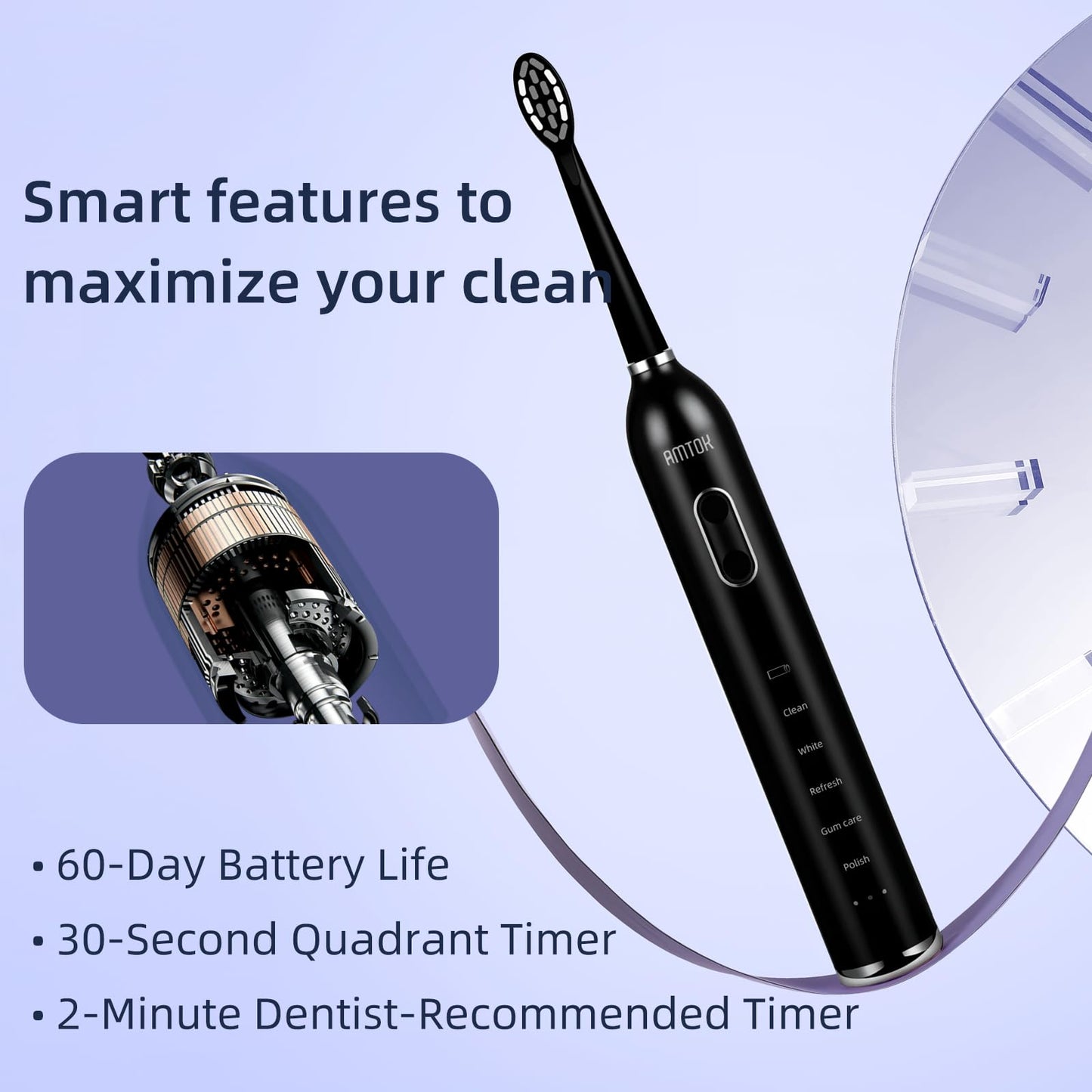 CWX Sonic Rechargeable Electric Toothbrush, Cordless with Fast Wireless Charging, 5 Cleaning Modes & 3 Intensity, 60-Day Battery Life, 4 Brush Heads, Travel Case, IPX7 Waterproof