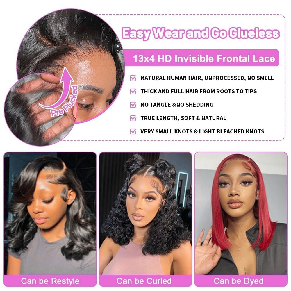 XNAIRA Wig Human Hair（Straight Short Bob Wig | 13x4 HD Lace Front | 180% Density | 100% Brazilian Virgin Human Hair | Glueless Wig,12 Inch,Warm Black）