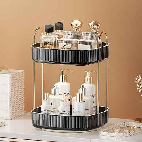 360¡Æ Rotating Makeup Organizer, Spinning Bathroom Organizer Countertop, Large Capacity Cosmetics Skincare Organizer for Bathroom Vanity Dresser Table (Black, 2 Tiers)