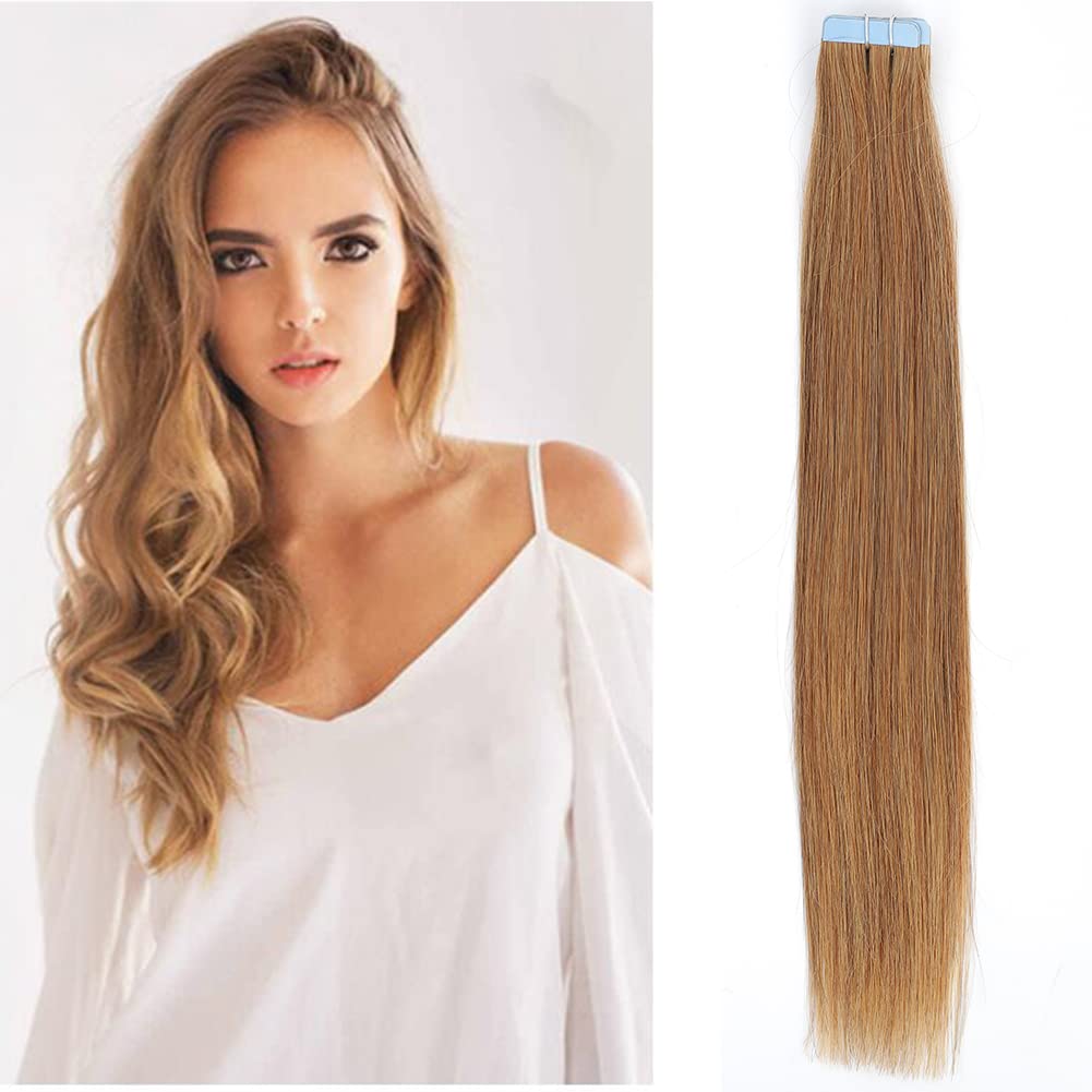 Amella Hair Tape in Hair Extensions #27 Light Brown 100% Remy Human Hair Extensions Silky Straight for Fashion Women 20 Pcs/Package(12 Inch #27 40g)