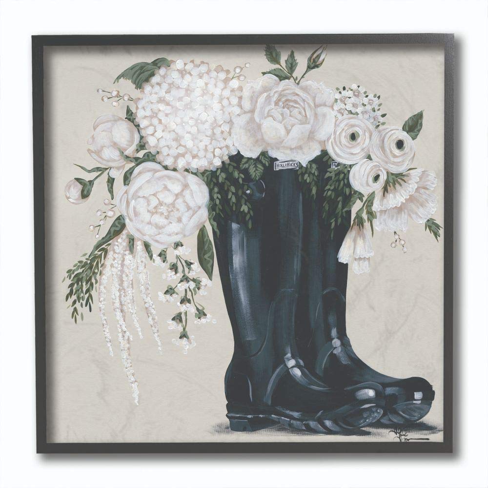 Stupell Industries White Flower Arrangement Boots Painting Black Framed Wall Art, 12 x 12, Multi-Color