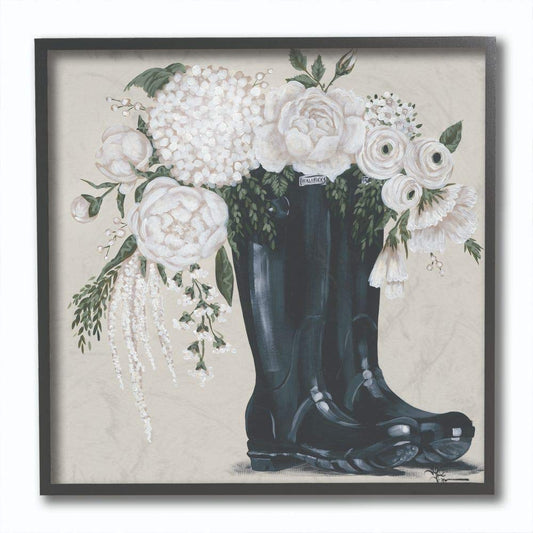 Stupell Industries White Flower Arrangement Boots Painting Black Framed Wall Art, 12 x 12, Multi-Color