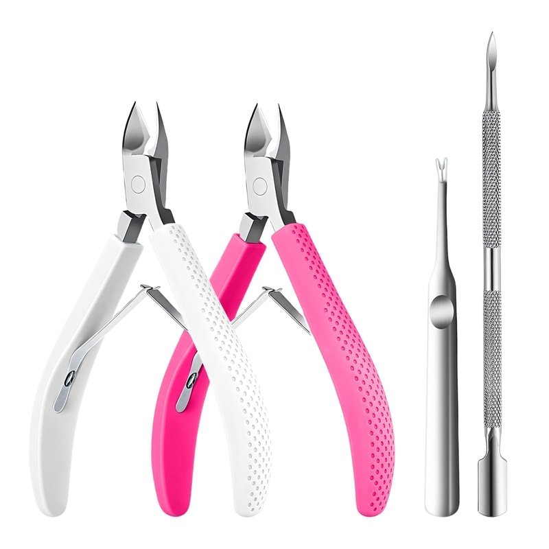 Criyar Whole Set Fine Edge Cuticle Trimmer & Nippers, Silicone Handle Nail Tools for Precise Removal, Durable Washable Cuticle Cutter&Remover&Pusher Nail Clippers (White/Rose+Pusher)