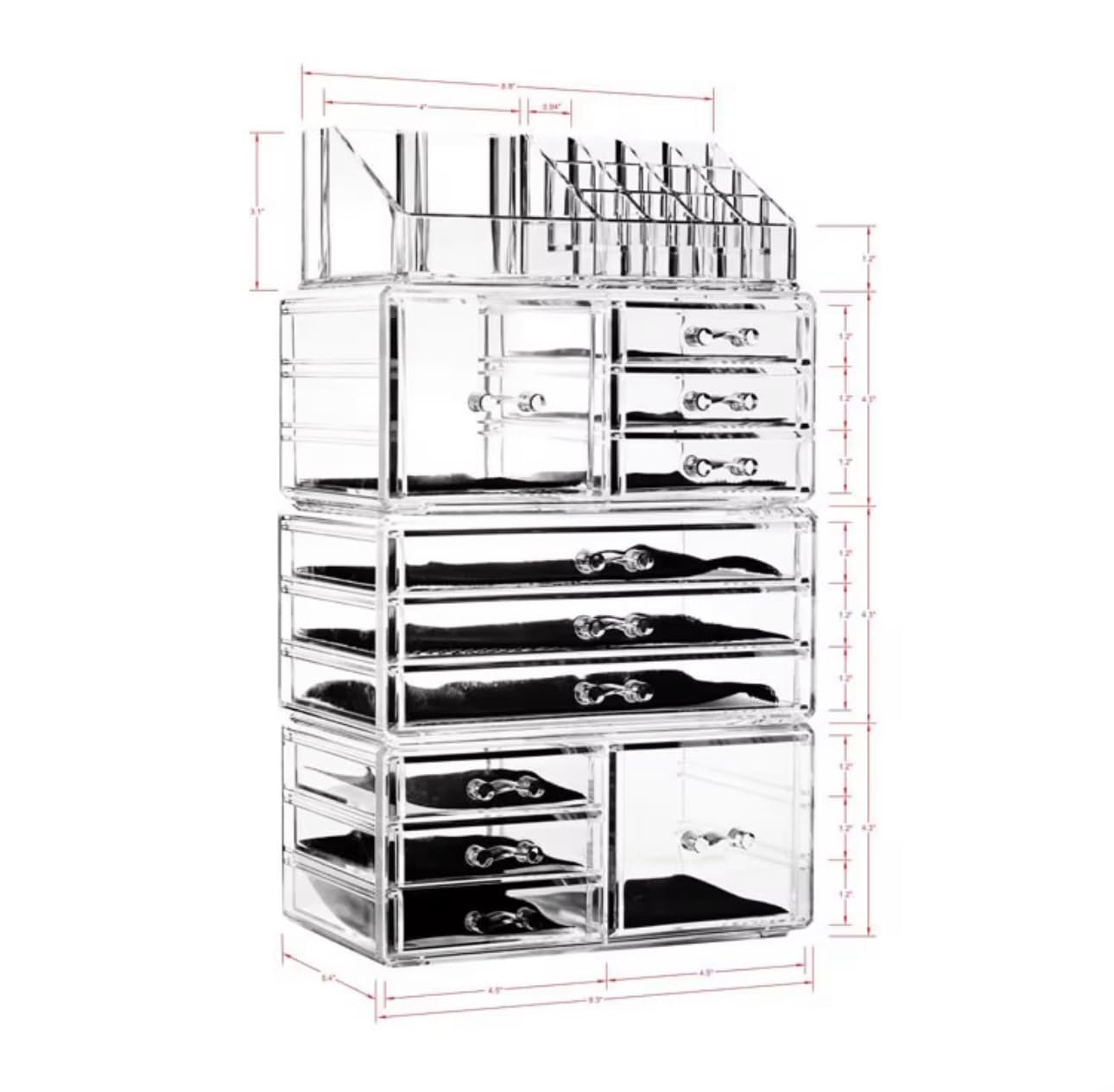 Banvikon Acrylic 4 Pack Makeup Organizer with 11 Drawers, Clear, Stackable Cosmetic Organizer For Lipstick, Jewelry and Makeup Brushes, Beauty Storage With Drawers For Dresser And Bathroom.