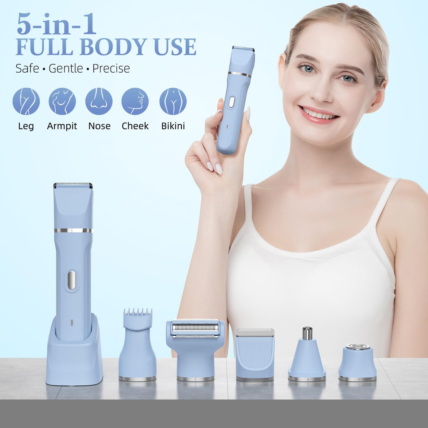 HOHOLE 5-in-1 Bikini Trimmer for Women, IPX7 Waterproof Electric Razors Shaver, Cordless Body Hair Trimmer, Facial & Pubic Hair Removal, Ceramic Blade (Sky Blue)
