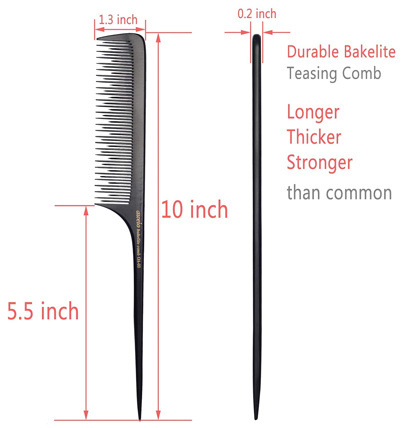 PERFEHAIR Teasing Comb for Fine Hair-Pack of 2, Anti-static Bakelite Tease Rat Tail Combs Tool for Back Combing, Parting, Root Teasing, Adding Volume
