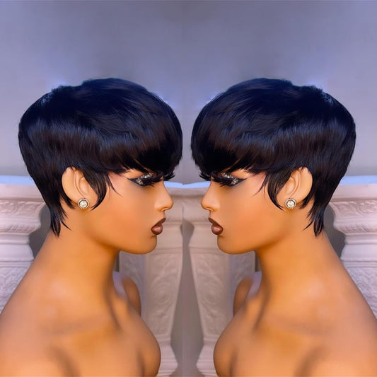 SAEIALL Pixie Cut Wig for Black Women Human Hair Black Color Short Wig for Women Straight Human Hair Layered Full Machine Made Breathable Glueless Wigs for Black Women (Black)