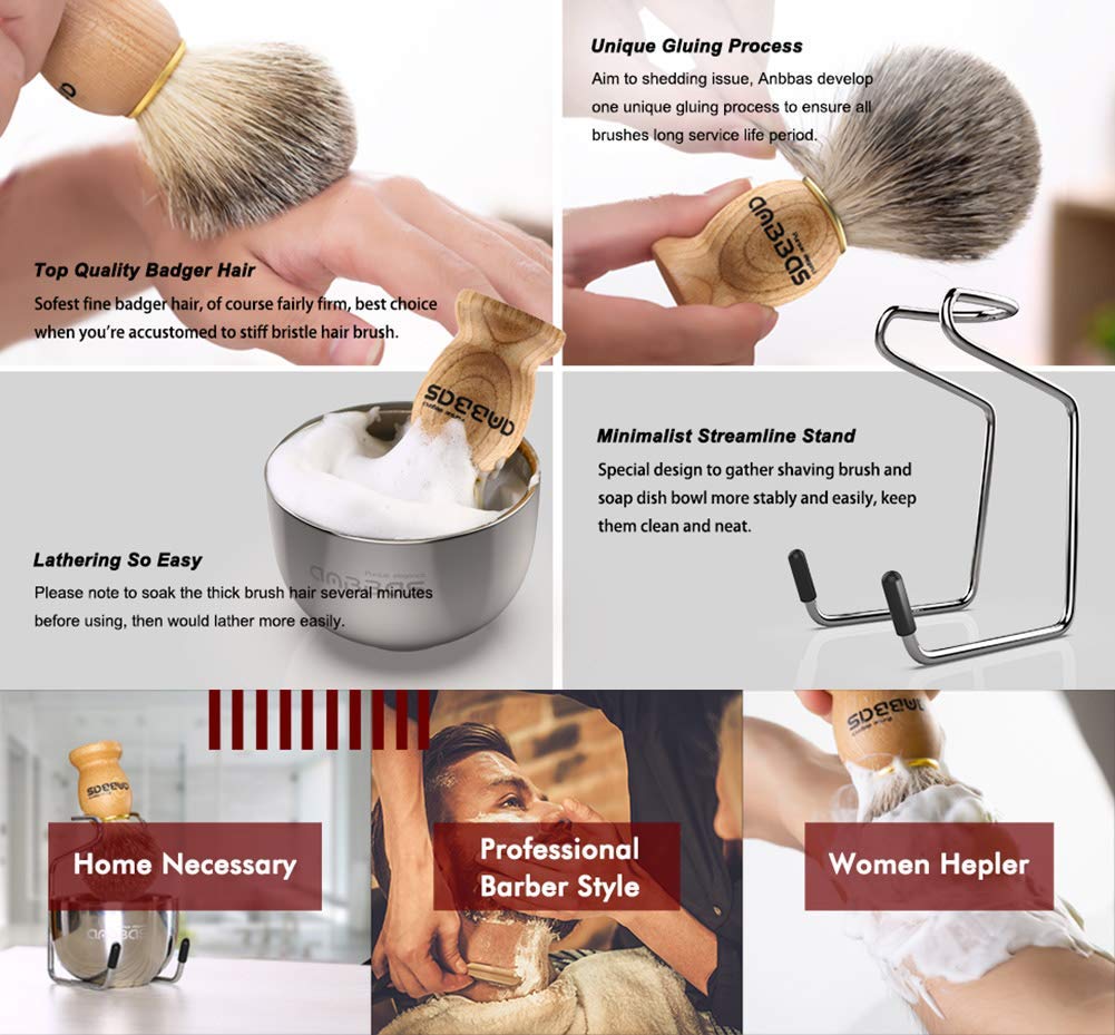 Anbbas 4in1 Badger Hair Shaving Brush Set, with Goat Milk Soap Refill,Stainless Steel Stand Holder and Soap Bowl,Perfect for Men Gift Baber Style Wet Shave