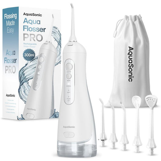 AquaSonic Aqua Flosser PRO - Rechargeable Electric Cordless Water Flosser for Teeth, Gums & Tongue - Waterproof Modern Design, 300ml Large Tank, 3 Modes, 6 Jet Tips, Deluxe Tongue Nozzle - Optic White
