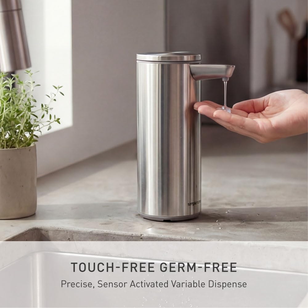 simplehuman Liquid Sensor Pump, 9 oz Automatic Soap Dispenser for Kitchen and Bathroom, Touchless Motion Sensor, Variable Dispense, Rechargeable, No-Drip Spout, High-Grade Brushed Stainless Steel