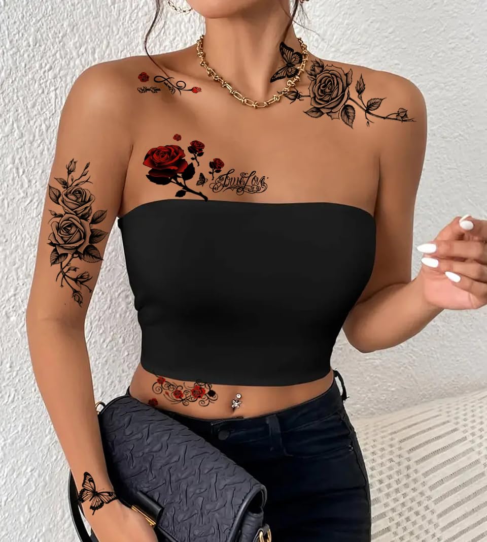 32pcs Red Temporary Rose Flower Arm & Leg Tattoo Stickers, Sexy Stripper Chest & Thigh Design, Waterproof, Perfect For Women (rose-red)