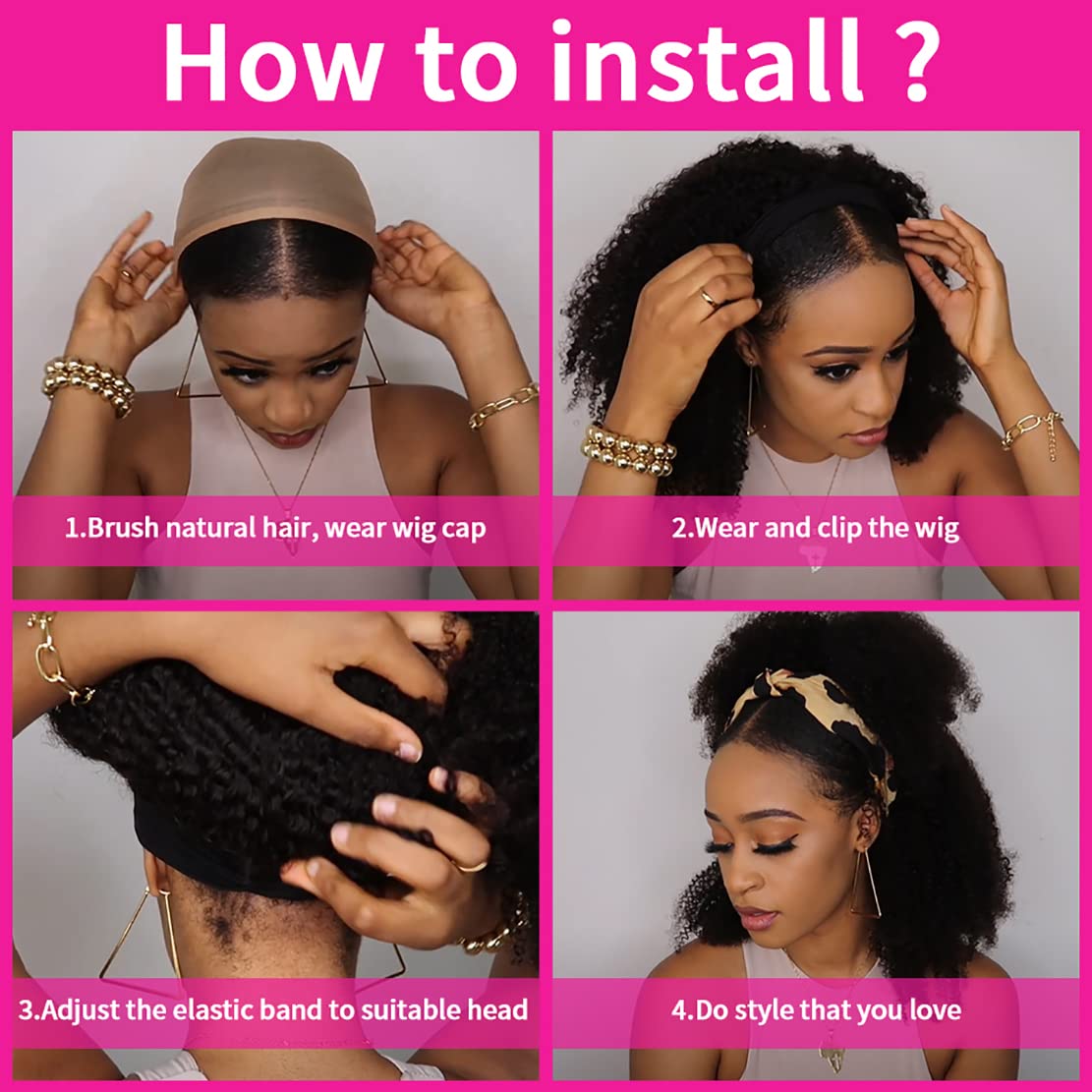 Aiterina Headband Wig Deep Wave Human Hair Virgin Hair Wigs 14 Inch None Lace Front Wigs for Black Women Deep Wave Machine Made Wig Natural Color