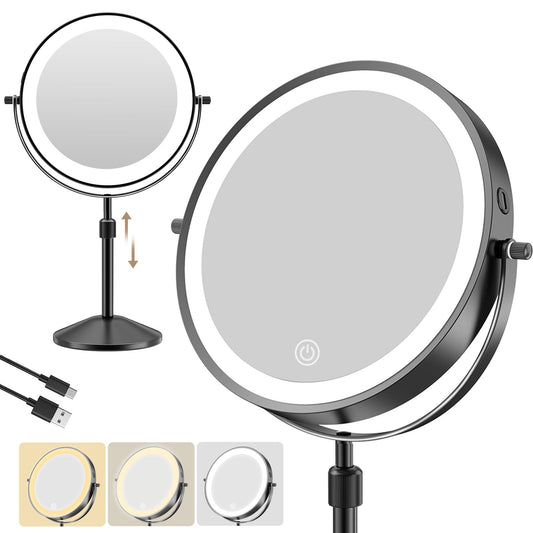 O'VANTAGE Professional 8.7” Lighted Makeup Mirror, 1X/10X Magnifying – Height Adjustable Rechargeable Double-Sided Vanity Mirror with 88 High-CRI LEDs, 3 Color Dimmable Lights, 360° Swivel