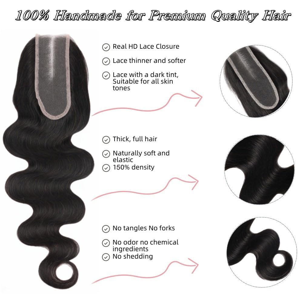 Anvnkl 2x6 HD Lace Closure Body Wave Human Hair Real HD Transparent 18 Inch 100% Brazilian Virgin Middle Part Pre Plucked with Baby Hair Natural Color Kim K 2x6 Closure