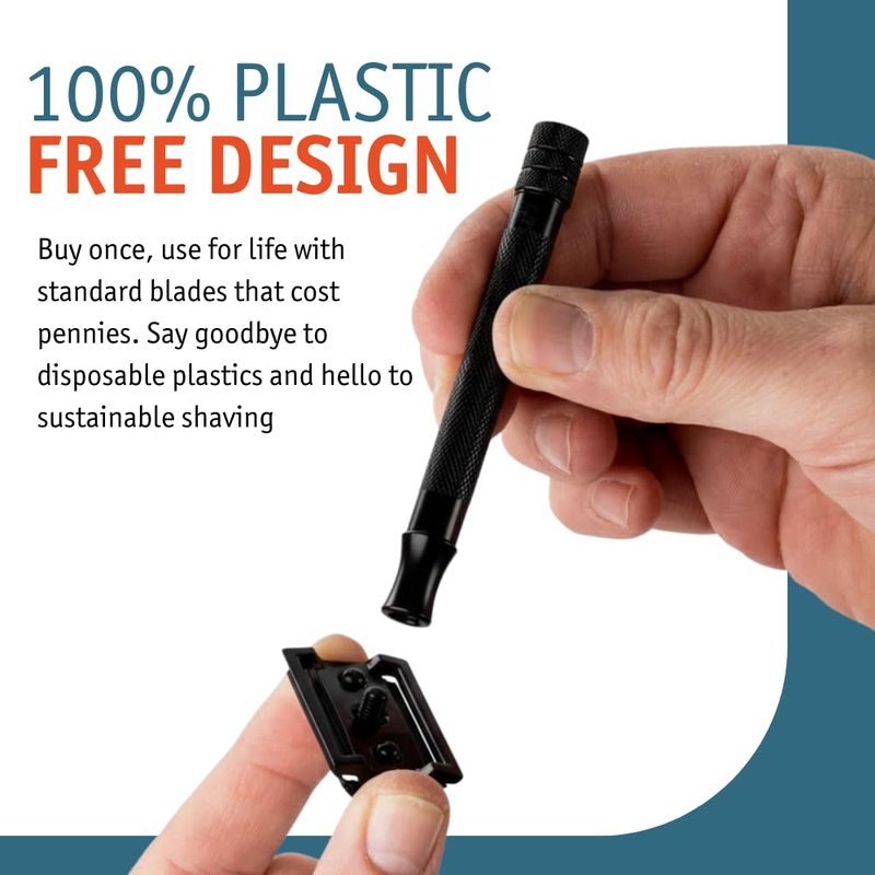 MERKUR 23B Double Edge Safety Razor - Black Long Knurled Brass Handle Made in Germany Plastic-Free Three Piece Design Closed Comb Straight Bar
