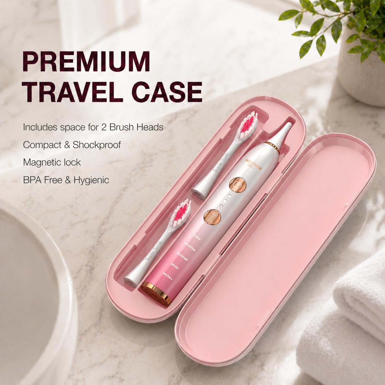 Wagner Stern WHITEN+ Electric Toothbrush, 48,000 VPM, Pressure Sensor, 5 Modes, 8 Brush Heads, Travel Case