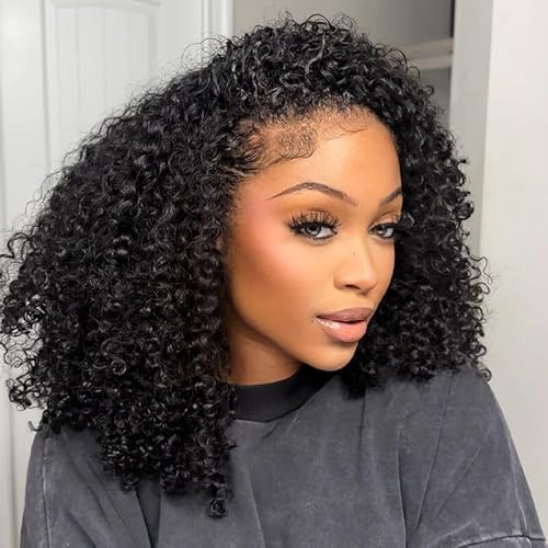 ISEE Half Wig Human Hair Glueless Wigs Upgrade 3 IN 1 Half Wig With Drawstring Seamless Clip Ins Flip Over Kinky Curly Human Hair No Glue No Lace For Women 180% Density 18 Inch