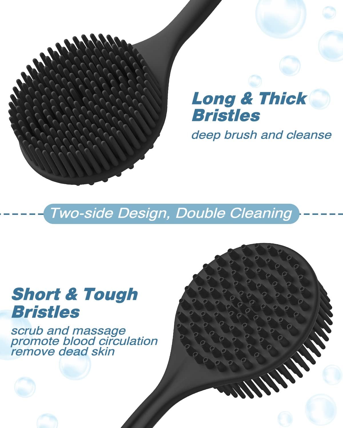 Silicone Back Scrubber Set - 8 PCS Body & Foot Cleaning Brushes | Scalp Massager & Shower Tools with 4 Hooks - Black