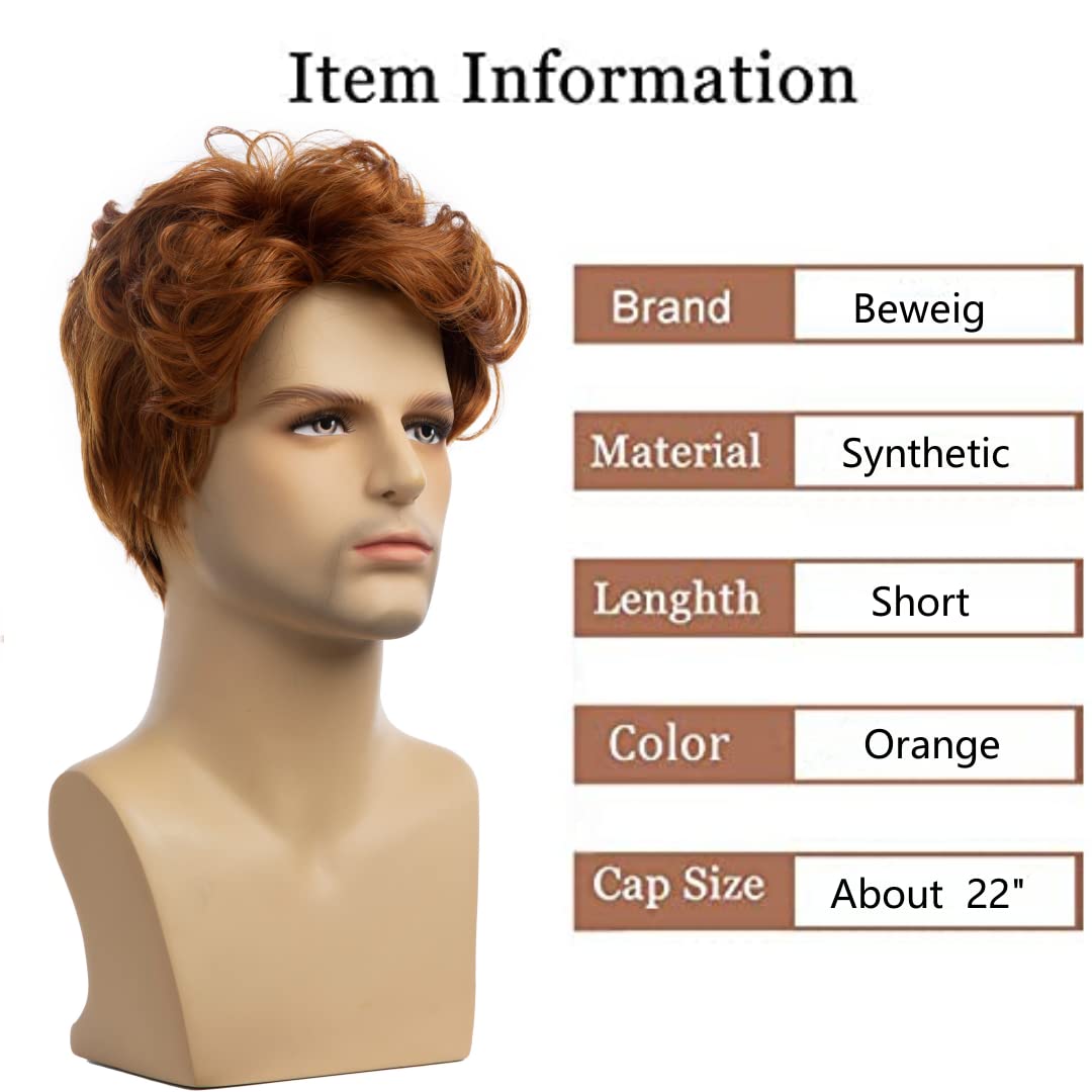 Beweig Men Wigs Short Orange Wig Synthetic Heat Resistant Natural Halloween Cosplay Hair Wig