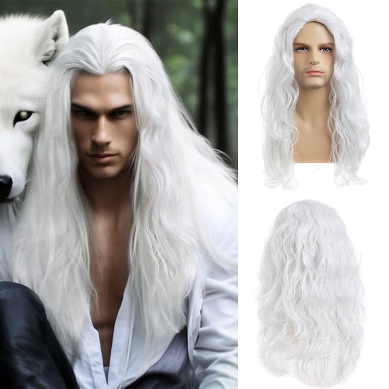Long Curly Wavy Wig for Men - Heat Resistant Synthetic Hair | White Middle Part for Daily Wear & Costumes