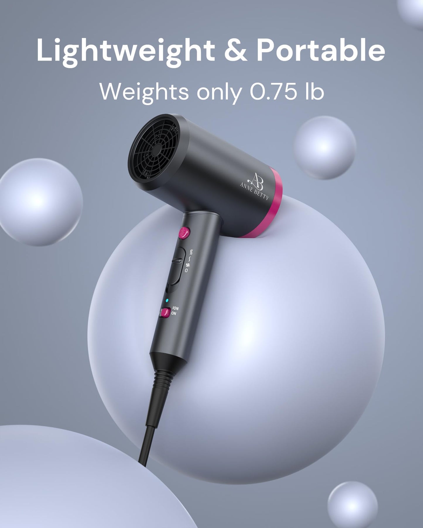 ANNE BETTY Hair Dryer with Diffuser for Curly Hair, 1800W Ionic Blow Dryer for Women & Men, Fast-Drying, Lightweight, Low Noise, Hair Care Styling Tool for Home, Travel